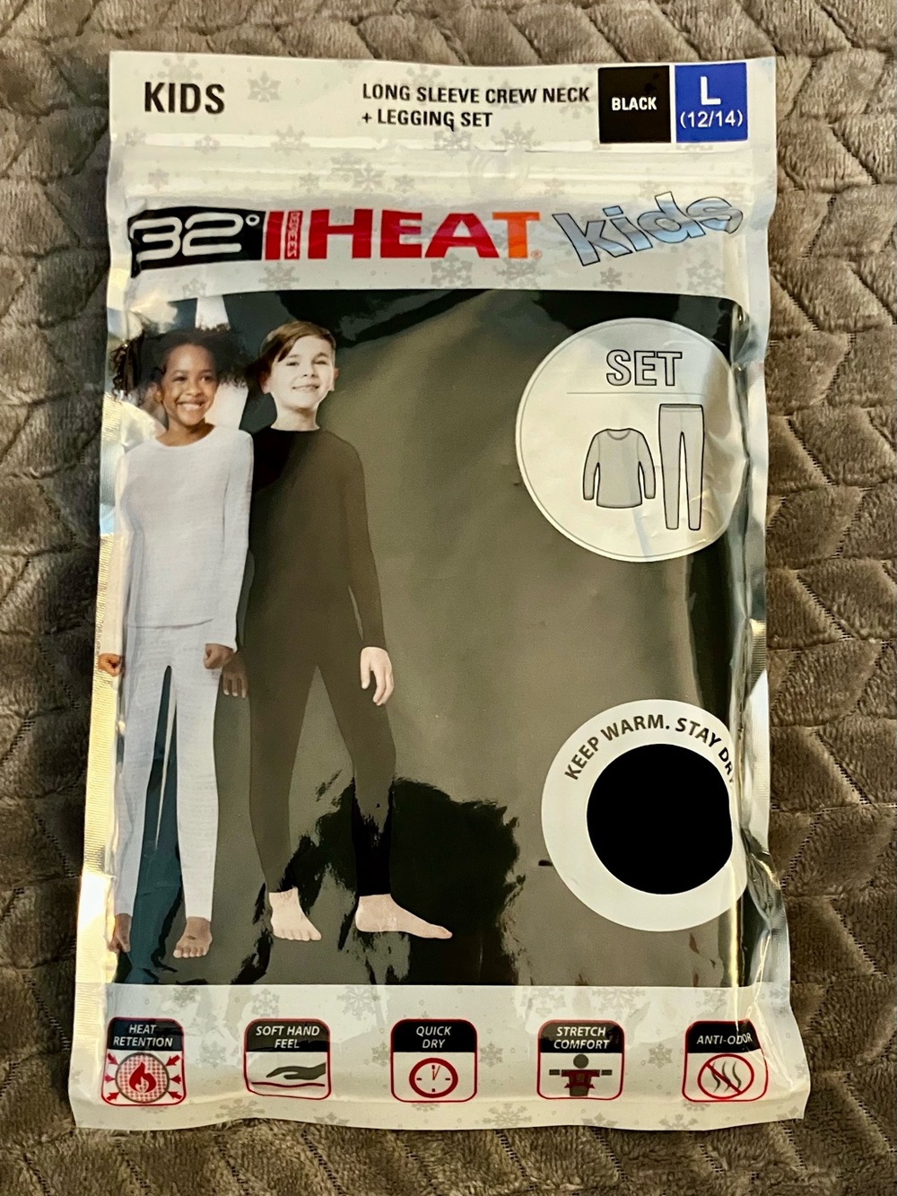 32° Heat Kids Long Sleeve Crew Neck Thermal Long Underwear Set - Black (L) 12/14